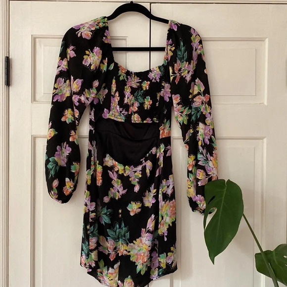 Lush NEW Square Neck Mini Dress Back Smocking Cutout Detail Dark Floral Print - Picture 10 of 16